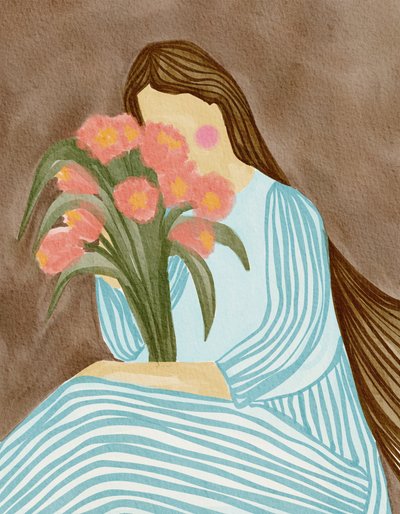 Verlegen vrouw met roze tulpen door Nikita Jariwala