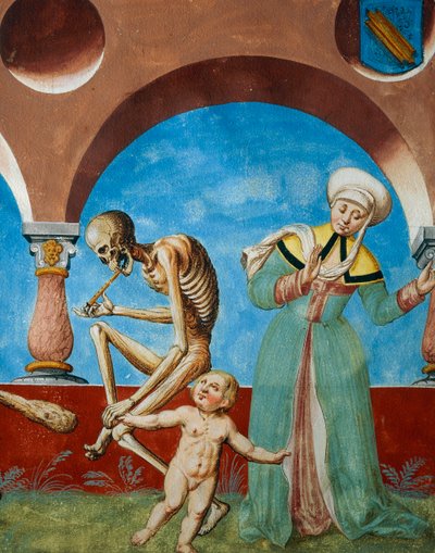 Dood trekt kind van moeder, detail van Dood, idioot en moeder met kind uit de Dans van de Dood-cyclus door Albrecht Kauw door Niklaus Manuel