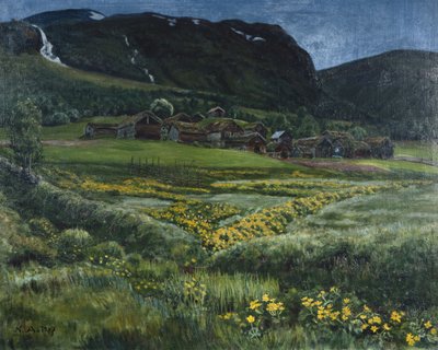 Juninacht en oude westelijke Noorse erf door Nikolai Astrup