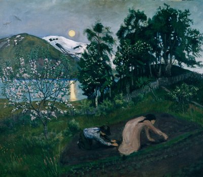 Lentenacht in de tuin, Nachtwerk in de tuin door Nikolai Astrup