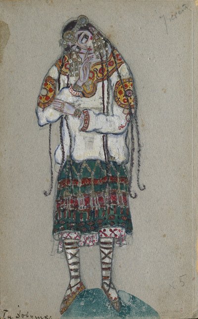 Het meisje. Kostuumontwerp voor het ballet Het Lentefeest Le Sacre du Printemps van I. Stravinsky, 1912 door Nikolai Konstantinowitsch Roerich