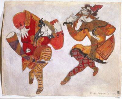 De skomorokhs. Kostuumontwerp voor de opera Prins Igor door A. Borodin, 1914 door Nikolai Konstantinowitsch Roerich