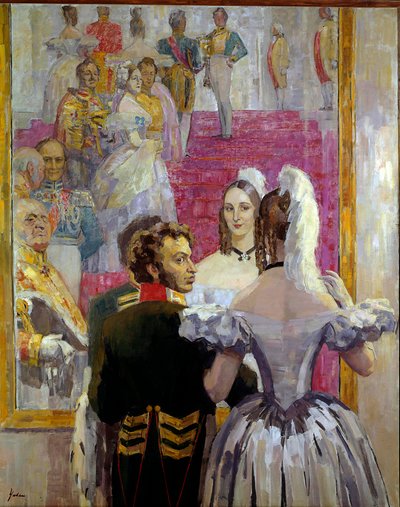 Russische dichter Alexander Pushkin (1799-1837) en zijn vrouw Natalia Gontcharova op het bal in het Anichkof Paleis door Nikolai Pavlovich Ulyanov
