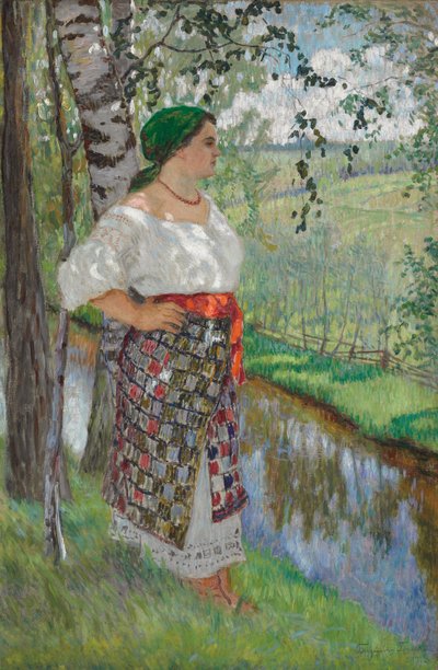 Boerin bij een beek door Nikolai Petrovich Bogdanov Belsky
