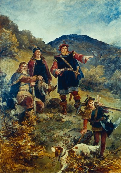 Olav Kyrre wijst de stad Bergen aan door Nils Bergslien