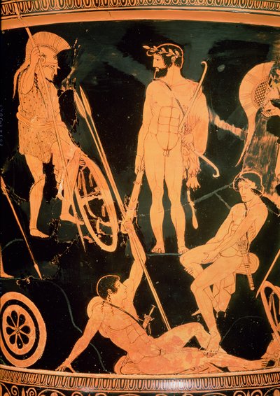 Herakles en Griekse helden, detail van een Attische roodfigurige calyx-krater, ca. 490 v.Chr. door Niobid Painter