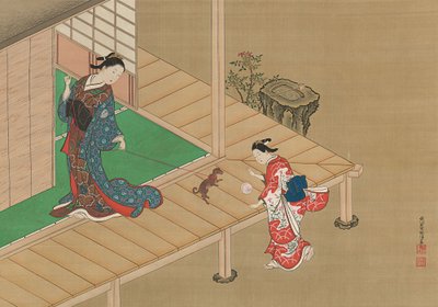 Courtisane en bediende spelen met een hond, ca. 1716-1736 door Nishikawa Sukenobu