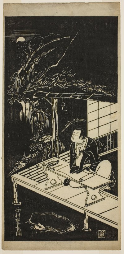 Man in rieten hut die naar de maan kijkt door Nishimura Shigenaga