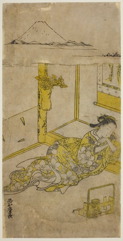 Slapende jonge vrouw met de berg Fuji erboven door Nishimura Shigenaga