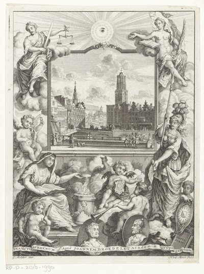 Stadsgezicht met Domkerk te Utrecht en allegorie met Utrechtse stedenmaagd door Noach van der Meer (I)