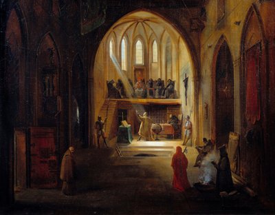 Galileo (1564-1642) voor het tribunaal van de inquisitie, schilderij door Joseph Clerian (1796-1842) door Noel Thomas Joseph Clerian