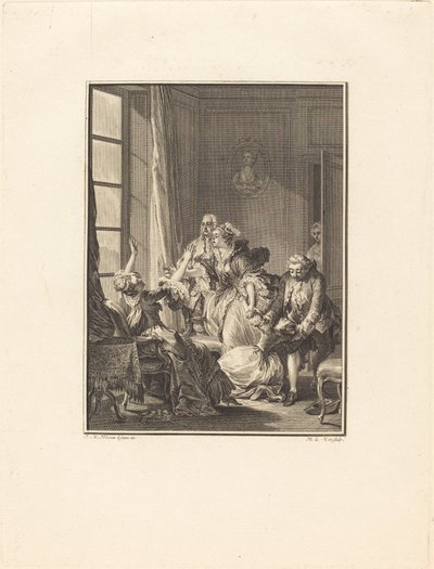 Julie valt flauw in een fauteuil door Noël Le Mire after Jean Michel Moreau