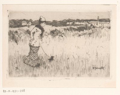 Wandelende dame met hond in een landschap door Norbert Goeneutte