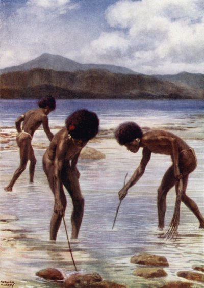 Zoeken naar kleine octopussen op het rif bij eb, Samari, Brits Nieuw-Guinea door Norman Hardy