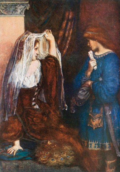 Olivia, "Maar we zullen het gordijn opendoen en je het plaatje laten zien". Twaalfde Nacht - Akte I, Scène 5 (kleurenlitho) door Norman Mills (after) Price