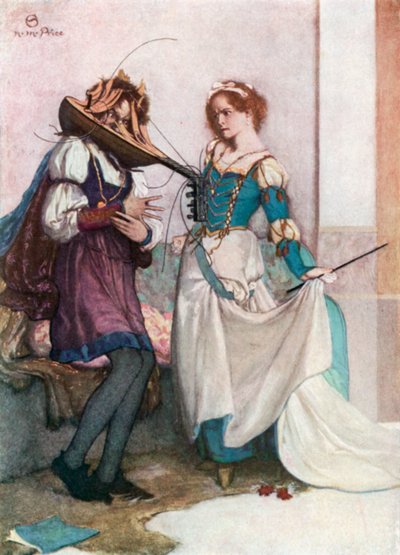 De zachte Katherine. Het temmen van de feeks - Act II, Scène 1 (kleurenlitho) door Norman Mills (after) Price