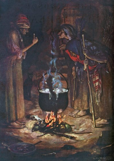 De vreemde zusters. Macbeth - Akte IV, Scène 1 (kleurenlitho) door Norman Mills (after) Price