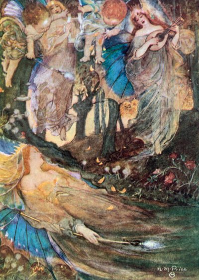 Titania slaapt. Midzomernachtsdroom - Act II, Scène 2 (kleurenlitho) door Norman Mills (after) Price