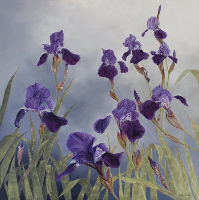 Iris hybrida, 2015 (acryl op gegessuurd hout) door Odile Kidd