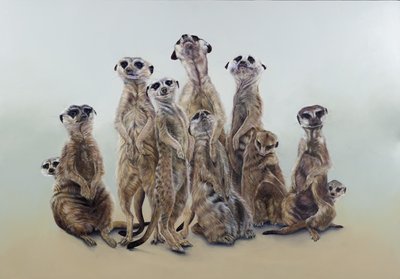 Meerkat mob, zonne-engelen, 2013 (acryl op gegessuurd hout) door Odile Kidd