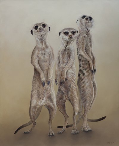 Stokstaartjes, 2014 (acryl op gegessuurd hout) door Odile Kidd