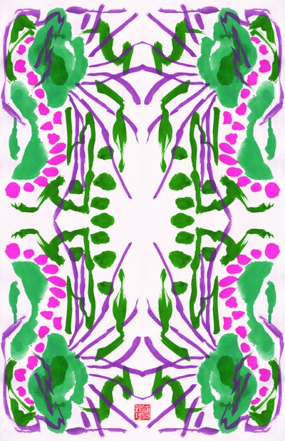 Pauw Groen Roze Bloemenpatroon door Odilia W. Y. Fu