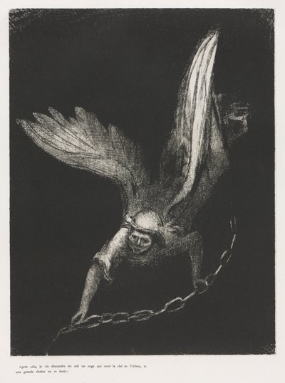 En Ik Zag een Engel uit de Hemel Neerdalen, met de Sleutel van de Bodemloze Put en een Grote Ketting in Zijn Hand door Odilon Redon