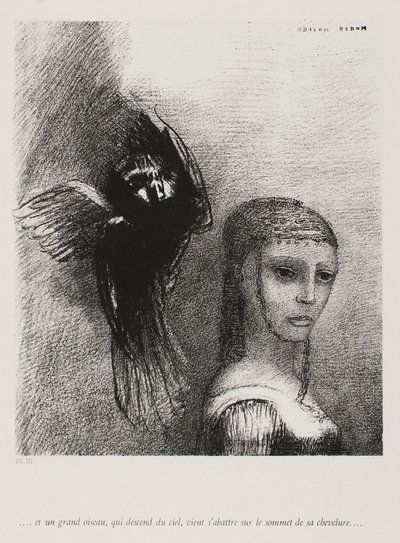 En een grote vogel, die uit de lucht neerdaalt, werpt zich tegen het hoogste punt van haar haar, plaat 3 van 10 door Odilon Redon