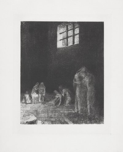 In de schaduw van mensen huilen en bidden... door Odilon Redon