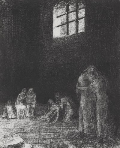 In de schaduw huilen en bidden mensen... door Odilon Redon