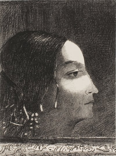 Dramatisch en groots met haar gezicht als dat van een druïdepriesteres door Odilon Redon