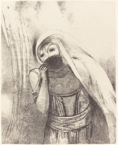 Ze haalt een spons uit haar borst, helemaal zwart, en bedekt deze met kussen door Odilon Redon