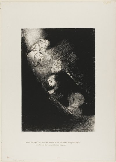 Eerst een plas water, dan een prostituee, de hoek van een tempel, het gezicht van een soldaat, een wagen met twee steigerende witte paarden, plaat 1 uit De verzoeking van de heilige Antonius (1e serie) door Odilon Redon
