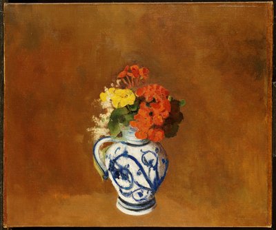 Geraniums en andere bloemen in een steengoed vaas door Odilon Redon