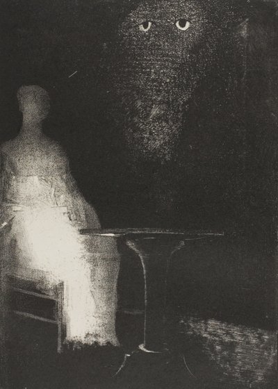 Ik bleef naar de stoel staren en verbeeldde me een vaag blauw mistig silhouet van een menselijke figuur te zien, plaat 1 van 6 door Odilon Redon