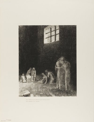 In de schaduw zijn mensen, huilend en biddend, omringd door anderen die hen aansporen, plaat 6 van 24 door Odilon Redon