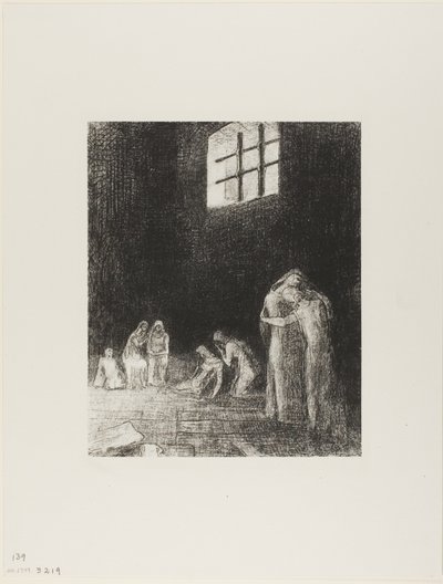 In de schaduw zijn mensen, huilend en biddend, omringd door anderen die hen aansporen, plaat 6 van 24 door Odilon Redon