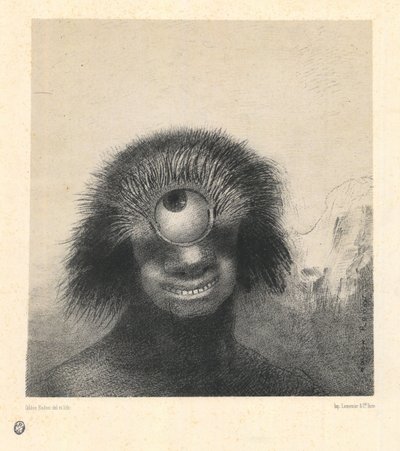 De misvormde poliep dreef op de kusten, een soort glimlachende en afschuwelijke cycloop (uit de serie Les Origines) door Odilon Redon