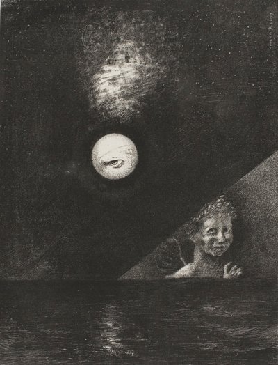 Aan de horizon de engel van zekerheid en in de sombere hemel een vragend oog, plaat vier uit To Edgar Poe door Odilon Redon