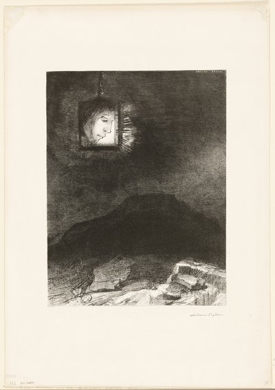 Precaire Glim, een Hoofd Hangend uit de Oneindigheid, plaat 3 van 6 door Odilon Redon