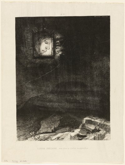 Precaire Glinstering, een Hoofd Opgehangen aan de Oneindigheid, plaat 3 van 6 door Odilon Redon
