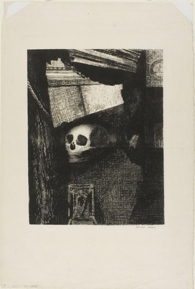 Door een opening in de muur verscheen een schedel, plaat 1 uit Le Jure van Edmond Picard door Odilon Redon