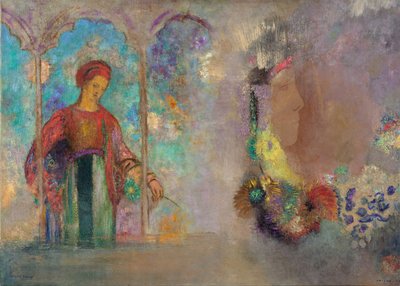 Vrouw in een gotische arcade - Vrouw met bloemen door Odilon Redon