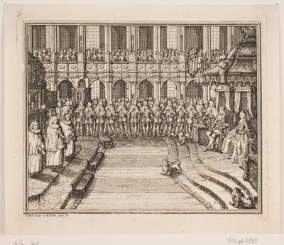 Koning Frederik V en koningin Louise tijdens de zalvingsceremonie in de Frederiksborg Slotkerk. Illustratie bij de zalvingsakte van Frederik IV door Odvardt Helmoldt de Lode