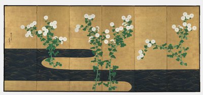 Chrysanten bij een Stroom, paar zesdelige vouwschermen, eind 1700s-begin 1800s door Ogata (follower of) Korin