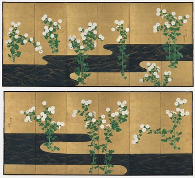 Chrysanten bij een stroom door Ogata Korin