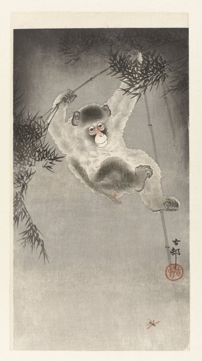 Aap, hangend aan bamboetak door Ohara Koson