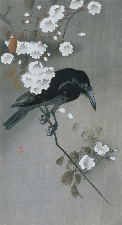 Kraai op een tak van kersenbloesem door Ohara Koson