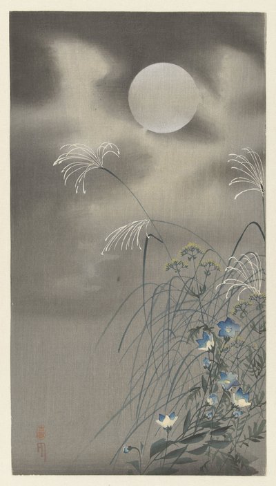 Grassen en bloemen bij volle maan door Ohara Koson