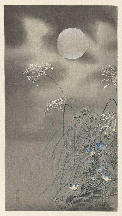 Grassen en bloemen bij volle maan door Ohara Koson